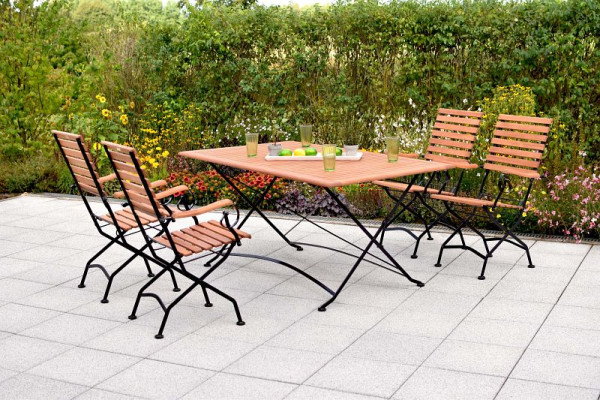 Merxx Schlossgarten Set 5-teilig, 4 Schlossgarten Klappsessel mit hoher Lehne, 1 Klapptisch, 160 x 90 cm, Flachstahl mit FSC Eukalyptus, 50167-217