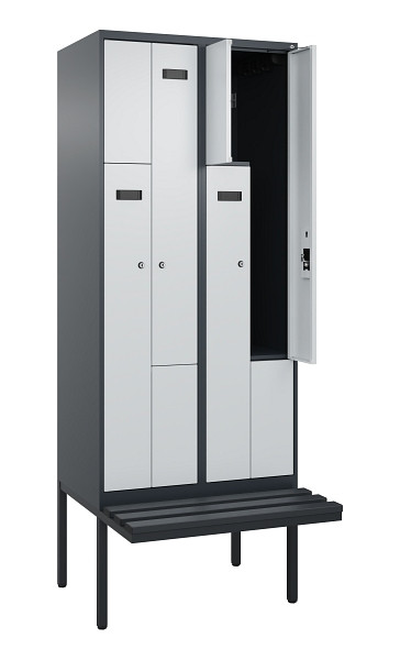 C+P Z-Spind Evolo PLUS, Bank, 4 Fächer, 2120x800x815mm, 7016/7035, Zylinderschloss, Material Sitzfläche Kunststoff, 0490437-224 S10098