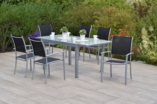Merxx Milano Set 7-teilig, 6 Milano Stapelsessel, schwarz, 1 Ausziehtisch, 120 (180) x 90 cm, Alumiuniumgestell mit Textilbespannung, 50886-317