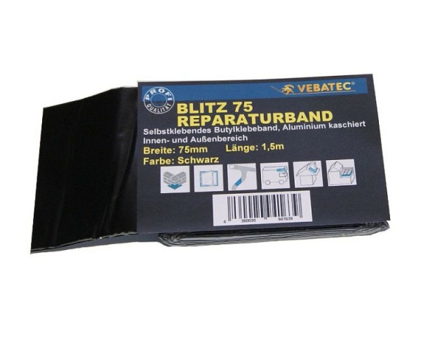 Vebatec Blitz Butyl Reparaturband Aluminium, Farbe: schwarz, 75mm x 1,5m, 123