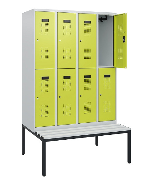 C+P Doppelstöckiger Spind Evolo PLUS, Bank, 8 Fächer, 1950x1200x815mm, 7035/0024, Zylinderschloss, Sitzfläche Kunststoff, Sitzbank, 0493505-40 S10150