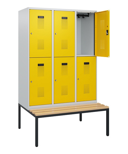 C+P Doppelstöckiger Spind Evolo PLUS, Bank, 6 Fächer, 1950x1200x815mm, 7035/1023, Zylinderschloss, Sitzfläche Buche-Hartholz, Sitzbank, 0493505-32 S10020