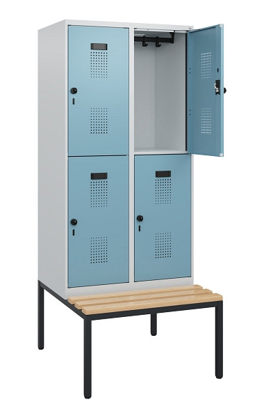 C+P Doppelstöckiger Spind Evolo PLUS, Bank, 4 Fächer, 1950x800x815mm, 7035/0010, Drehriegel, Sitzfläche Buche-Hartholz, Sitzbank, 0493505-22 S10009