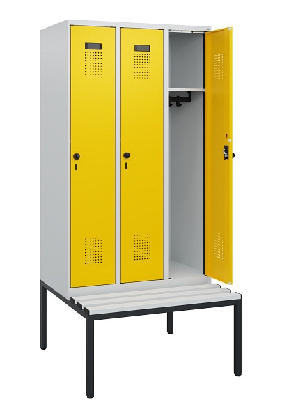 C+P Spind Evolo PLUS, 3 Abteile, 1950x900x815mm, 7035/1023, Drehriegel, Sitzfläche Kunststoff, Sitzbank, 0490505-30 S10055