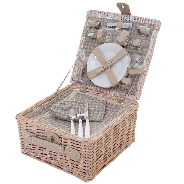 Mendler Picknickkorb-Set für 4 Personen, Picknicktasche + Kühlfach, Porzellan Glas Edelstahl, beige, 51416
