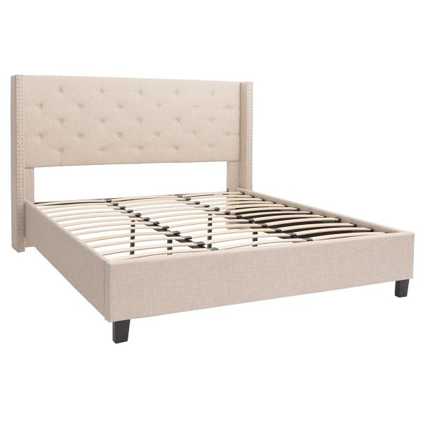 Mendler Polsterbett HWC-N59, Bett Doppelbett Bettgestell mit Lattenrost, Massivholz Stoff/Textil 180x200cm, creme-beige, 104247+104264