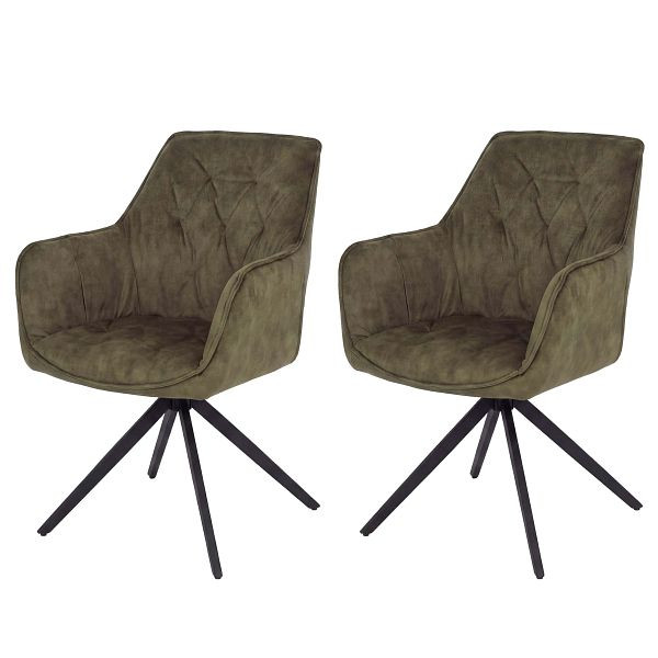 Mendler 2er-Set Esszimmerstuhl HWC-L80, Küchenstuhl Armlehne drehbar Auto-Return Samt 440g/m², Wildleder-Optik olivgrün, 121135