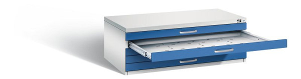 C+P Flachablageschrank Serie 7100_7200, H420xB1100xT765mm, Farbe: Lichtgrau / Enzianblau, Bügelgriff, 7100-000 S10120