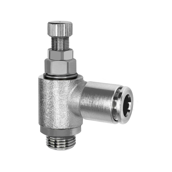 Riegler Drosselrückschlagventil, Zuluft (V), G 3/8, Steckverbindung 8, drehbar, 0 - 10 bar, -20 °C bis 80 °C, Messing vernickelt, 115700