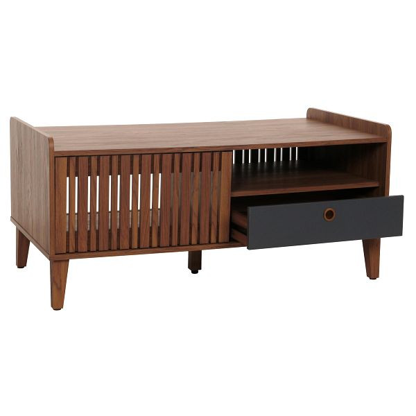 Mendler Couchtisch HWC-M48, Wohnzimmertisch Tisch Sofatisch, 52x114x59cm, Walnuss-Optik, Schublade dunkelgrau, 105414+105415