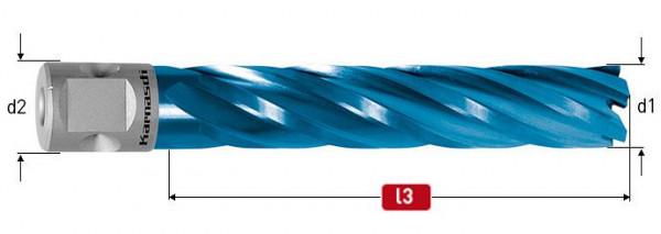 Karnasch HSS-XE+DURABLUE beschichteter Kernbohrer, Nitto/Uni-Schaft 19mm, Nutzlänge 80 mm, Blue-Line80 d=2', 201125130