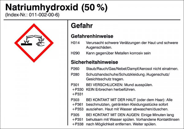 SafetyMarking Gefahrstoffetikett, G015: Natriumhydroxid (50%), für Behälter bis 3 Liter, 10,5x7,4 cm, Folie, selbstklebend, 21.B1200-G015