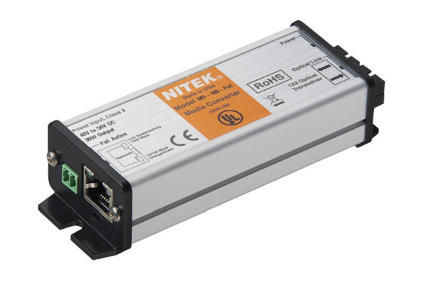 Nitek Medienkonverter, 1 Port Single Mode, 10/100, Duplex-Fiber, SC, PoE+, MS-100-POE