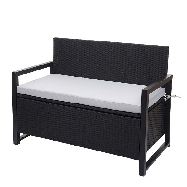 Mendler Poly-Rattan 2er Sitzbank HWC-F39, Gartenbank Truhenbank, Staufach Aufbewahrung Sitzkissen, anthrazit, Kissen grau, 76084