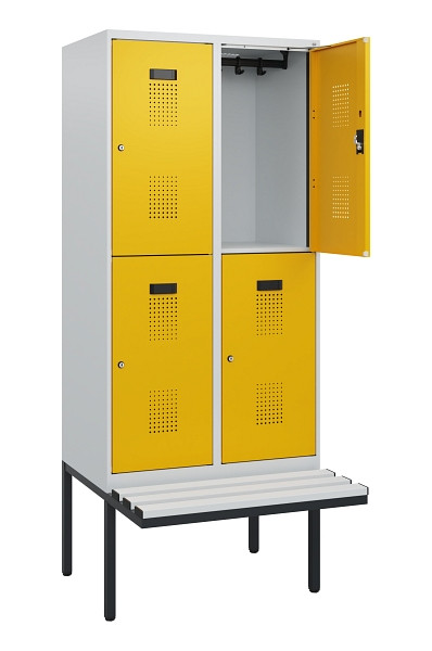 C+P Doppelstock-Spind Evolo PLUS, Bank, 4 Fächer, 1950x800x815mm, 7035/1004, Zylinderschloss, Sitzfläche Kunststoff, 0493405-22 S10135