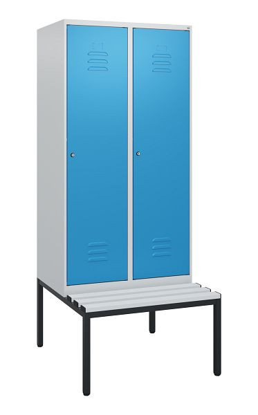 C+P Umkleidespind Classic PLUS, mit untergebauter Sitzbank, 2 Abteile, 1950x800x815mm, 7035/5012, Zylinderschlösser, 0800505-22 S10049