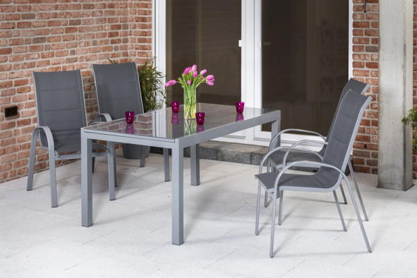 Merxx Amalfi Set 5-teilig, 4 Amalfi Stapelsessel mit hoher Rückenlehne, 1 Semi Ausziehtisch 180 (250) x 100 cm, silber/grau, 50357-309