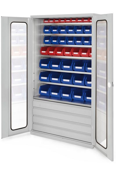 Kappes Großraum Schrank Modell 25 RAL 7035, 1950 x 1130 x 590 mm, Sichtfenstertüren, 4 Schubladen unten, 1780.12.5013