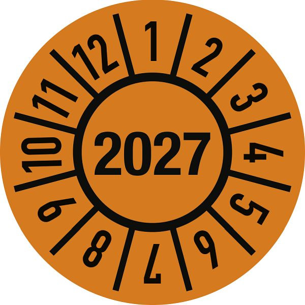 Moedel Prüfplakette Jahr 2027 mit Monaten, Folie, Ø 15 mm, VE: 10 Stück/Bogen, 105297