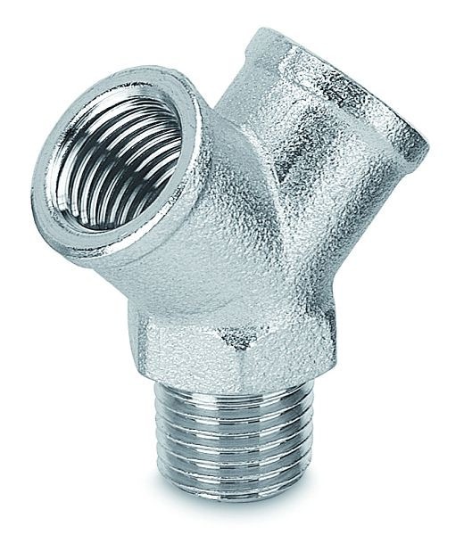Prevost Y-Stück mit mittigen konischem Außengewinde und 2 Innengewinden - YM, Eingang mit AG BSPT= R 1/2, Ausgang mit IG BSPP= G 1/2, Y12M