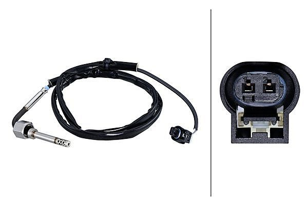 HELLA Sensor, Abgastemperatur - 2-polig - geschraubt - Kabel: 930mm - mit Befestigungsclips am Kabel, 6PT 010 376-491