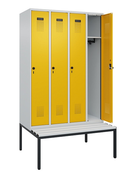 C+P Spind Evolo PLUS, 4 Abteile, 2120x1200x815mm, 7035/1004, Haken 3, Drehriegel, Sitzfläche Kunststoff, Sitzbank, 0490507-40 S10054