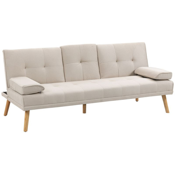 HOMCOM Schlafsofa, 3-Sitzer-Sofa, Bettsofa mit Klappbarem Tisch, Stoffsofa mit Leinenoptik, Schlafcouch mit Becherhalter, im Skandi-Design, 833-663BG