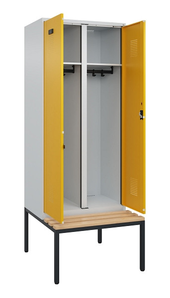 C+P Schwarz-Weiß-Spind Evolo PLUS, Bank, 2 Abteile, 2120x800x815mm, 7035/1004, Zylinderschloss, Sitzfläche Buche-Hartholz, Sitzbank, 0490527-22 S10027