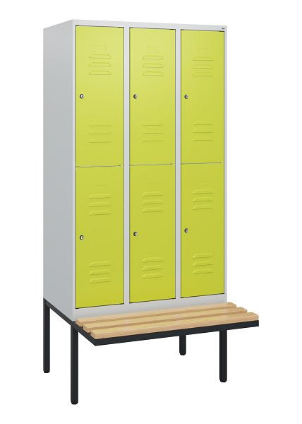 C+P Doppelstöckiger Spind Classic PLUS, 3 Abteile, 1950x900x815mm, 7035/0024, Zylinderschlösser, Buche-Sitzleisten, Sitzfläche, 0803405-30 S10040