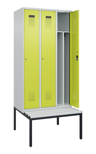 C+P Spind Evolo PLUS, 3 Abteile, 2120x900x815mm, 7035/0024, Haken 4, Zylinderschloss, Sitzfläche Kunststoff, Sitzbank, 0490507-30F S10096