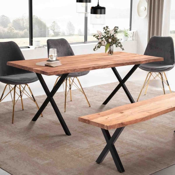 Wohnling Esszimmertisch 200x100x76 cm Akazie Massivholz/Metall Esstisch Baumkante, Küchentisch mit X-Beinen in Schwarz, Holztisch Rechteckig, WL7.255