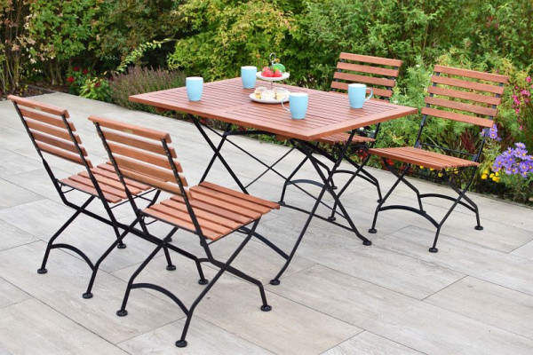 Merxx Schlossgarten Set 5-teilig, 4 Schlossgarten Klappstühle, 1 Schlossgarten Klapptisch, 120 x 80 cm, Flachstahl mit FSC Eukalyptusbelattung, 50130-217