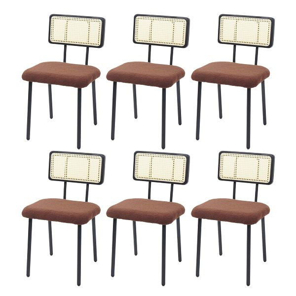 Mendler 6er-Set Esszimmerstuhl HWC-K88, Lehnstuhl Stuhl, Holz Poly-Rattan Metall Bouclé, Stoff/Textil braun, 3x97709
