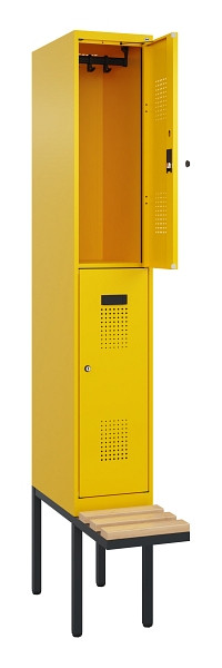 C+P Doppelstock-Spind Evolo PLUS, Bank, 2 Fächer, 2120x300x815mm, 1023/1023, Zylinderschloss, Sitzfläche Buche-Hartholz, 0493407-10 S10049