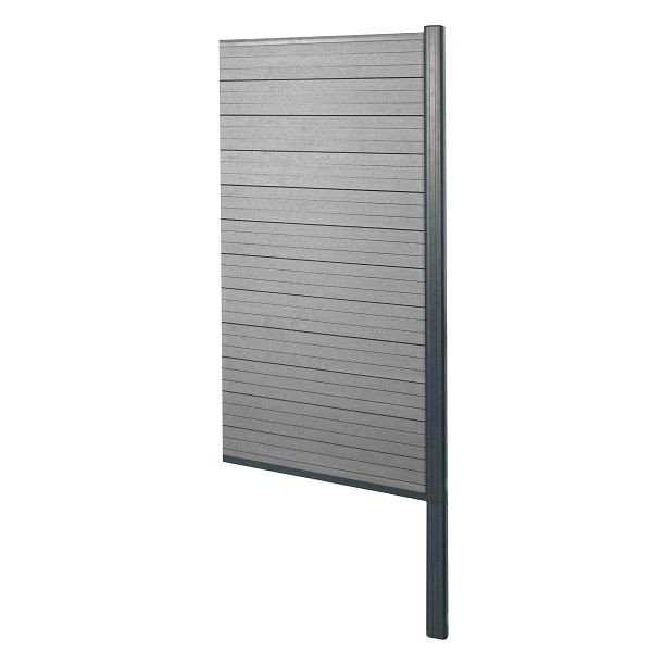 Mendler WPC-Sichtschutz Sarthe, Windschutz Zaun, Alu-Pfosten zum Einbetonieren, Erweiterungselement schmal, 95cm grau, 76243+3x76237+76240+76264