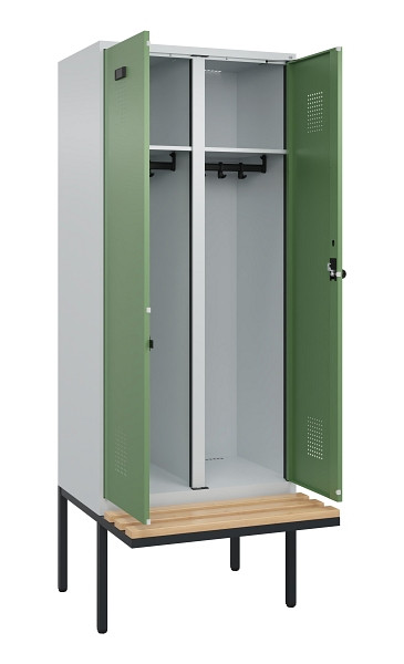 C+P Schwarz-Weiß-Spind Evolo PLUS, Bank, 2 Abteile, 2120x800x815mm, 7035/6011, Drehriegel, Sitzfläche Holz, 0490427-22 S10010