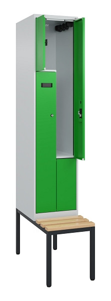 C+P Z-Spind Evolo PLUS, Bank, 2 Fächer, 2120x400x815mm, 7035/6037, Zylinderschloss, Sitzfläche Buche-Hartholz, Sitzbank, 0490537-122 S10035