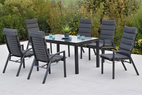 Merxx Siros Set 13-teilig, 6 Siros Sessel, verstellbar durch Gasdruckfeder, 6 Auflagen, uni grau, 1 Ausziehtisch, 150 (200) x 90 cm, 50960-800