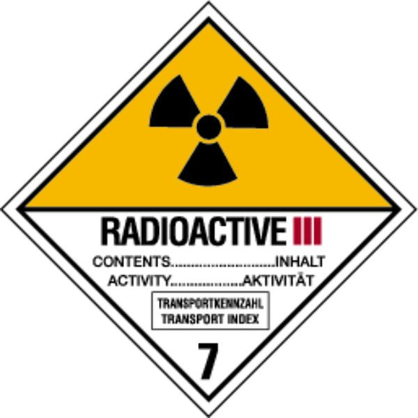 Schilder Klar Verpackungskennzeichnung Gefahrenklasse 7, Radioaktive Stoffe, Kategorie III gelb, Nr 7c, 100x100 mm Folie selbstklebend, 580/61