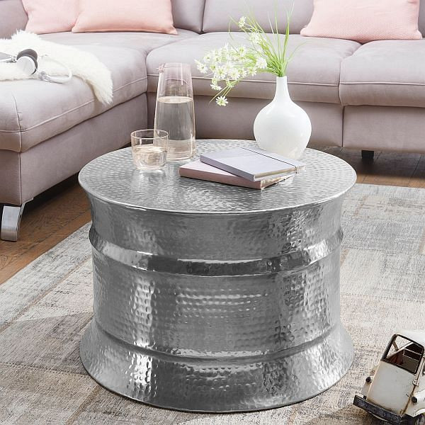 Wohnling Couchtisch KARAM 62x41x62cm Aluminium Silber orientalisch rund, WL5.463