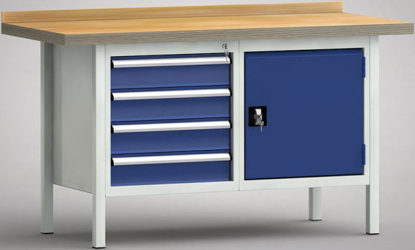 KLW Standard-Werkbank - 1500 x 700 x 900 mm L x T x H (ERGO-Version), links 4x125EA, rechts Türe 500, WS177E-1500M40-E7040
