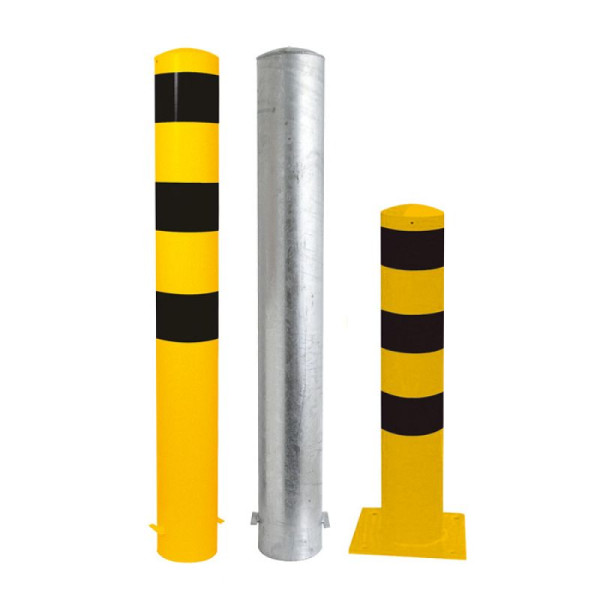 Stein HGS Stahlrohrpoller/Rammschutzpoller -Bollard-, 1000 mm / zum Aufdübeln mit Bodenplatte 220x220mm, ohne Farbe, 2 Ösen, mit aufgeschweißter Stahlkappe, 15745-201