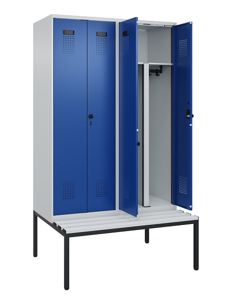 C+P PSA Doppel-Spind Evolo PLUS, Bank, 4 Abteile, 2120x1200x815mm, 7035/5010, Drehriegel, Sitzfläche Kunststoff, Sitzbank, 0490527-40P S10060