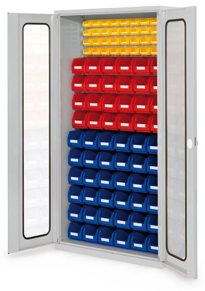 Kappes RasterPlan- Schlitzplattenschrank, H1950 x B 1000 x T 410 mm RAL 7035, Modell 57, Sichtfenstertüren bestückt mit Lagersichtkästen, 1353.08.5013