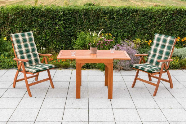 Merxx Maracaibo Set 5-teilig, 2 Maracaibo Klappsessel, 2 Wendekissen, grün kariert / grün uni, 1 Balkonausziehtisch, 65 (130) x 70 cm, 50039-100