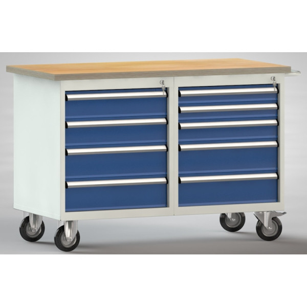 KLW Fahrbahre Profi-Werkbank 1200x700x840 mm, Buchen-Multiplexplatte 30mm (4 Schubladen + 5 Schubladen), WP834N-1200M30-E7045