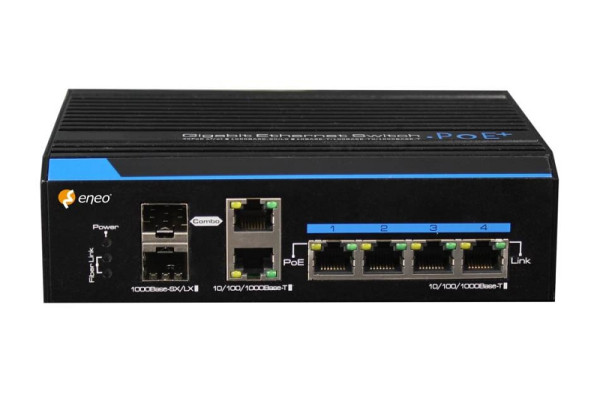 eneo IAM-5SE1004MUC Gigabit Switch, Unmanaged, 4xPoE, 2x RJ45 und 2xSFP, 1000Mbps, Industrie Design, 220212