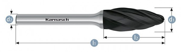 Karnasch Hartmetall-Frässtift Black-Tec beschichtet Flamme/ HP-7 d1=16 / l2=36 / d2=6 / l1=82mm, 115075035