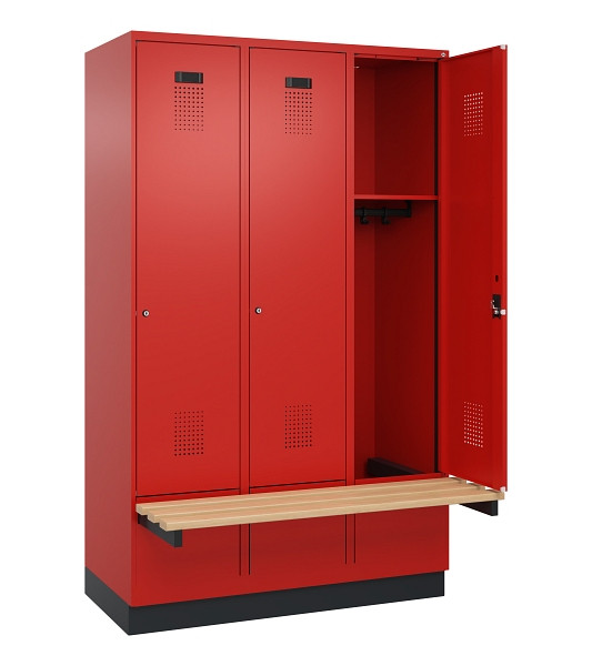 C+P Spind Evolo PLUS, 3 Abteile, 1950x1200x815mm, 3020/3020, Zylinderschloss, Sitzfläche Holz, mit Sockel, 049040-32 S10052