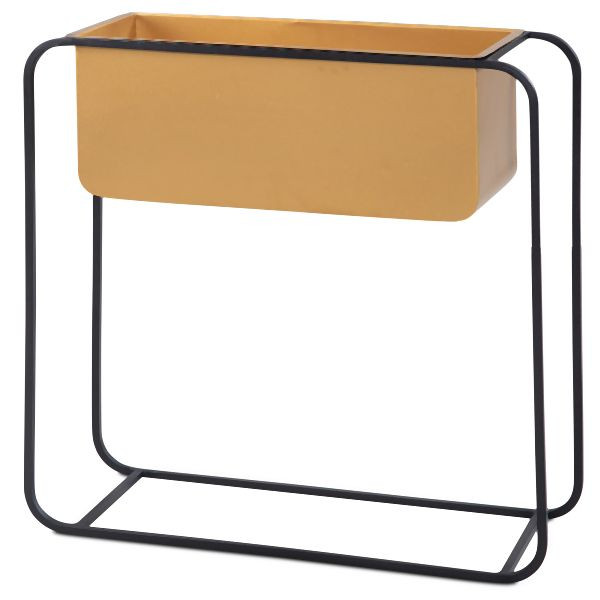 Wohnling Pflanzgefäß Metall 60x60x24 cm Pflanzkübel Gold/Schwarz mit Gestell, Indoor, Rechteckig, WL6.747